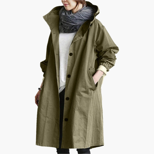 Women's Long Rain Jacket – Stylish Transitional Jacket with Hood, Fashionable Everyday Companion for Rainy Weather