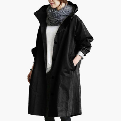 Damen Lange Regenjacke – Stilvolle Übergangsjacke mit Kapuze, modischer Alltagsbegleiter für Regenwetter