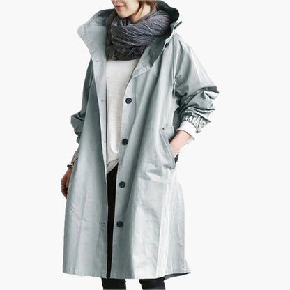Damen Lange Regenjacke – Stilvolle Übergangsjacke mit Kapuze, modischer Alltagsbegleiter für Regenwetter