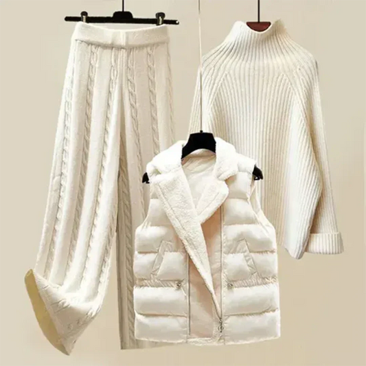 Damen 3-teiliges Winter Outfit Set – Strickhose, Rollkragenpullover & Weste – Elegantes Freizeit Ensemble