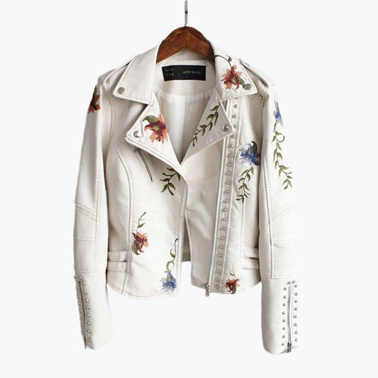 Damen Bikerjacke mit Blumenstickerei – Modische Übergangsjacke für stilvolle Outfits