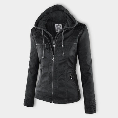 Damen Herbstjacke Elegant Veganleder mit Kapuze und Reißverschluss – Modische Freizeitjacke für Alltag und Outdoor