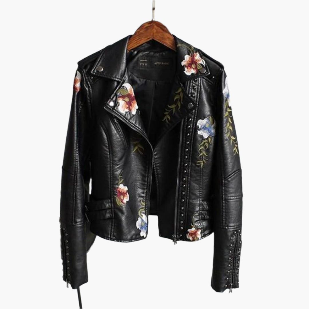 Damen Bikerjacke mit Blumenstickerei – Modische Übergangsjacke für stilvolle Outfits