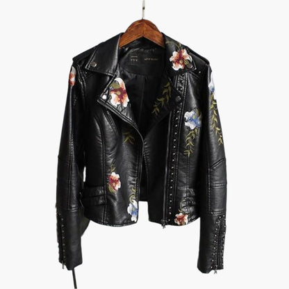 Damen Bikerjacke mit Blumenstickerei – Modische Übergangsjacke für stilvolle Outfits