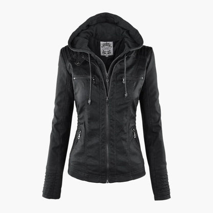 Damen Herbstjacke Elegant Veganleder mit Kapuze und Reißverschluss – Modische Freizeitjacke für Alltag und Outdoor