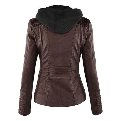 Damen Herbstjacke Elegant Veganleder mit Kapuze und Reißverschluss – Modische Freizeitjacke für Alltag und Outdoor