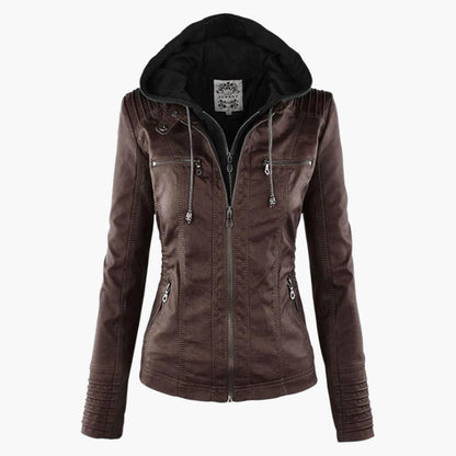 Damen Herbstjacke Elegant Veganleder mit Kapuze und Reißverschluss – Modische Freizeitjacke für Alltag und Outdoor