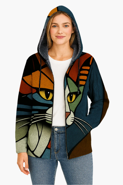 Women's hoodie with artistic cat print – stylish casual jacket for creative looks