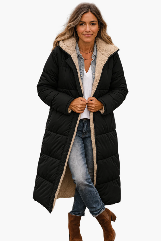 Women's winter quilted coat with teddy lining, long style, versatile & warm for cold days