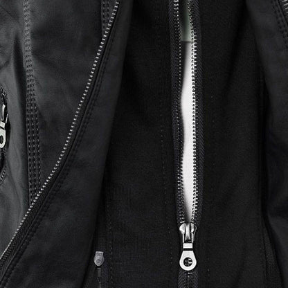 Damen Herbstjacke Elegant Veganleder mit Kapuze und Reißverschluss – Modische Freizeitjacke für Alltag und Outdoor