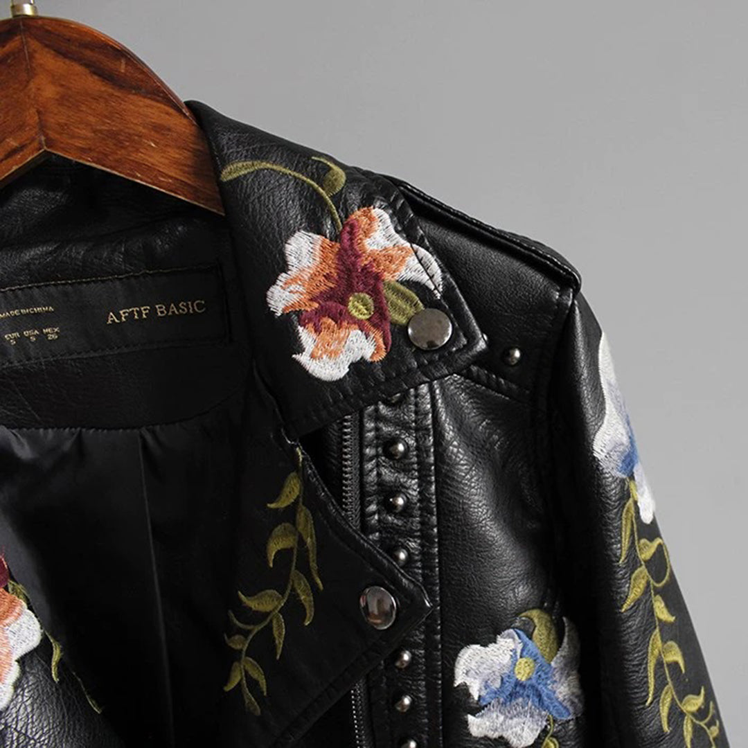 Damen Bikerjacke mit Blumenstickerei – Modische Übergangsjacke für stilvolle Outfits