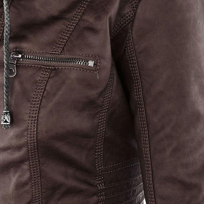 Damen Herbstjacke Elegant Veganleder mit Kapuze und Reißverschluss – Modische Freizeitjacke für Alltag und Outdoor