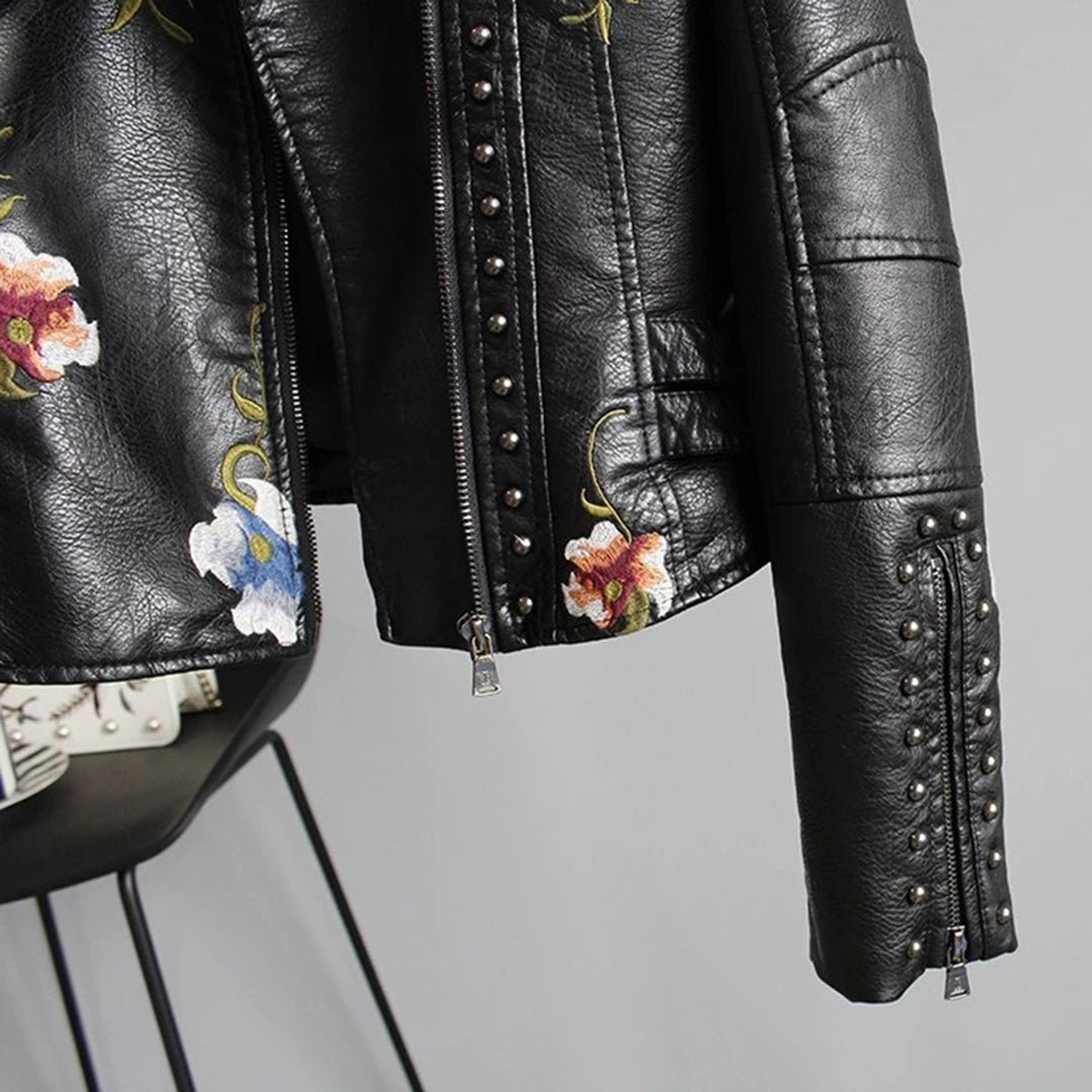 Damen Bikerjacke mit Blumenstickerei – Modische Übergangsjacke für stilvolle Outfits