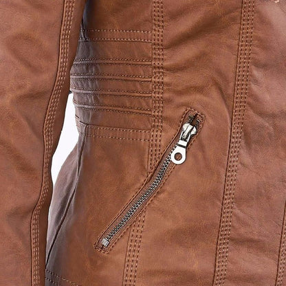 Damen Herbstjacke Elegant Veganleder mit Kapuze und Reißverschluss – Modische Freizeitjacke für Alltag und Outdoor