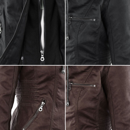 Damen Herbstjacke Elegant Veganleder mit Kapuze und Reißverschluss – Modische Freizeitjacke für Alltag und Outdoor