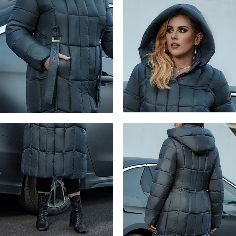 Damen Winter Steppmantel mit Kapuze, modischer langer Mantel für kalte Tage, Plus Size