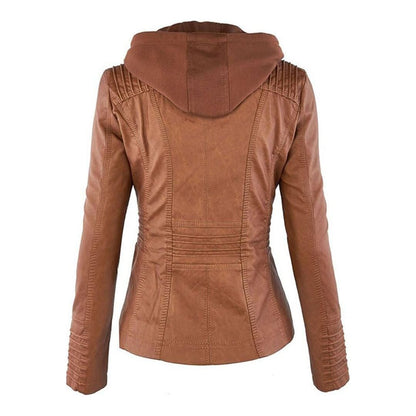 Damen Herbstjacke Elegant Veganleder mit Kapuze und Reißverschluss – Modische Freizeitjacke für Alltag und Outdoor