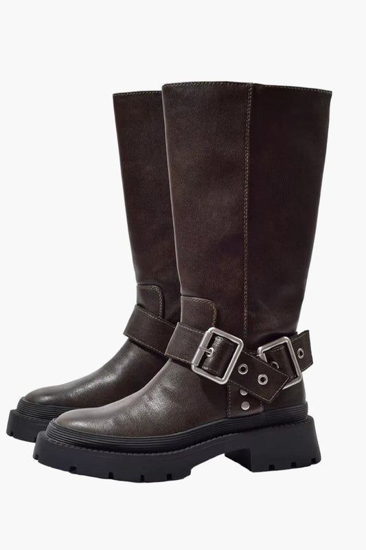 Women's boots with buckles and block heel – retro-inspired everyday boots