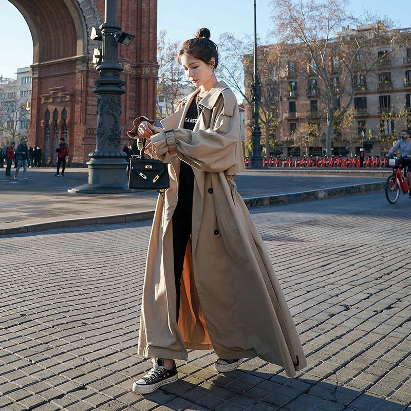 Damen Trenchcoat – Oversized, Lang, Klassischer Stil für Alltag und Büro