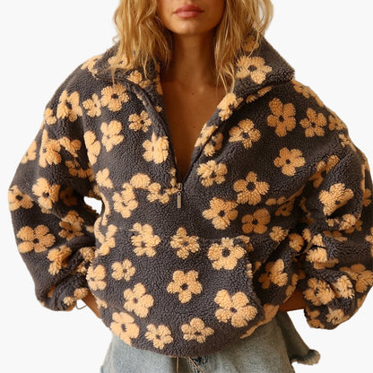 Women's Teddy Fleece Pullover with Floral Pattern – Cozy Boho Style for Leisure and Autumn