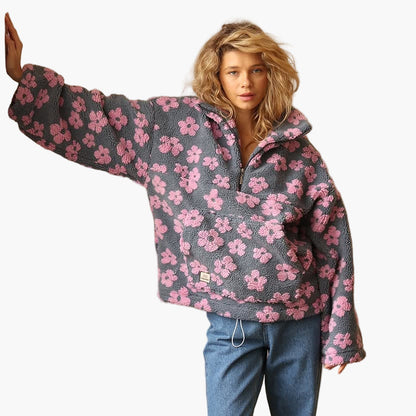 Women's Teddy Fleece Pullover with Floral Pattern – Cozy Boho Style for Leisure and Autumn