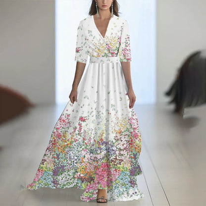 Damen Elegantes Chiffon-Maxikleid mit Blumenmuster – Perfekt für festliche Anlässe und Sommerpartys