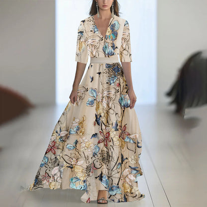 Damen Elegantes Chiffon-Maxikleid mit Blumenmuster – Perfekt für festliche Anlässe und Sommerpartys