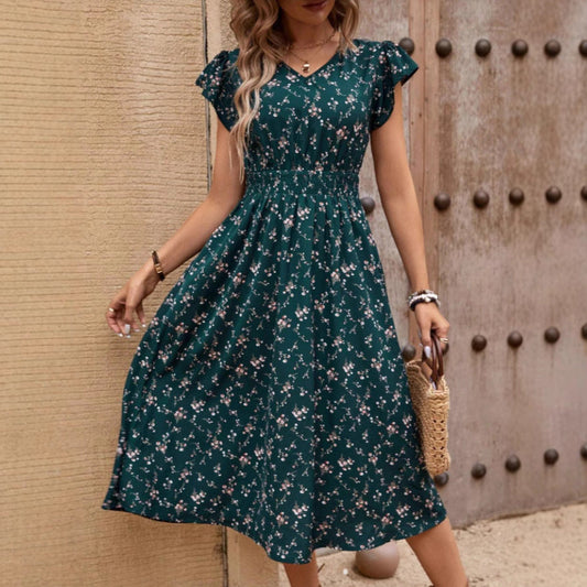 Susan – Elegantes Damenkleid mit V-Ausschnitt, Gürtel und Rüschensäumen