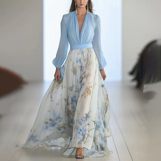 Damen Elegantes Chiffon-Maxikleid mit Blumenmuster – Perfekt für festliche Anlässe und Sommerpartys