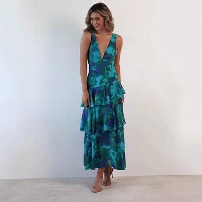 Damen Asymmetrisches Volant-Maxikleid für festliche Anlässe und Partys