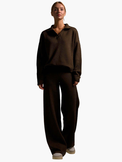 Damen Loungewear Set – Oversize Strickpullover mit Kragen und Weite Hose – Komfortabler Freizeitanzug für Zuhause und Alltag