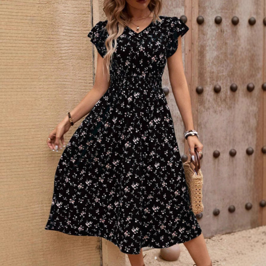 Susan – Elegantes Damenkleid mit V-Ausschnitt, Gürtel und Rüschensäumen