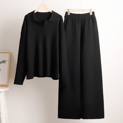Damen Loungewear Set – Oversize Strickpullover mit Kragen und Weite Hose – Komfortabler Freizeitanzug für Zuhause und Alltag