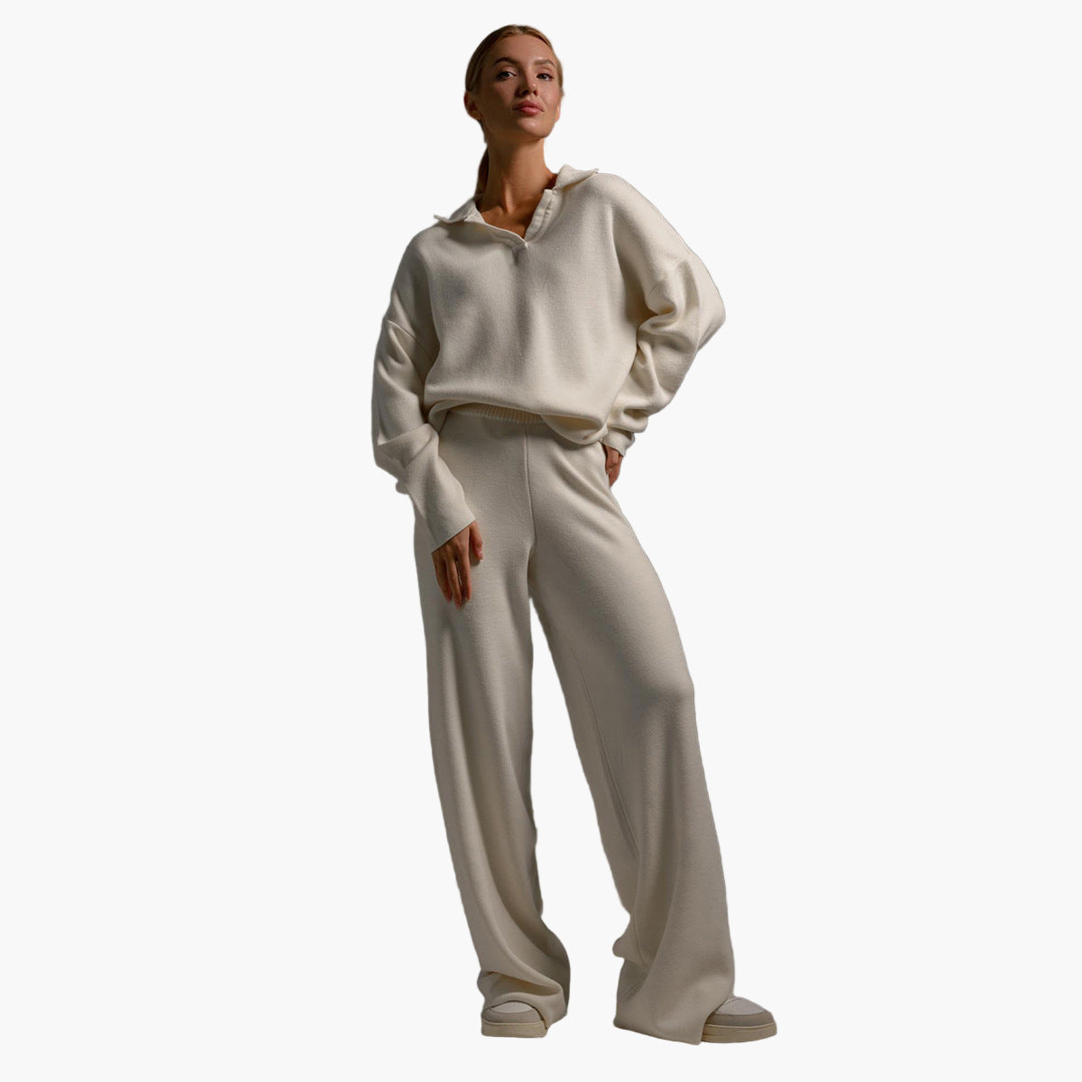 Damen Loungewear Set – Oversize Strickpullover mit Kragen und Weite Hose – Komfortabler Freizeitanzug für Zuhause und Alltag