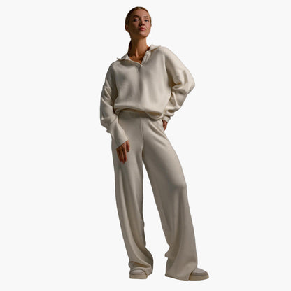 Damen Loungewear Set – Oversize Strickpullover mit Kragen und Weite Hose – Komfortabler Freizeitanzug für Zuhause und Alltag