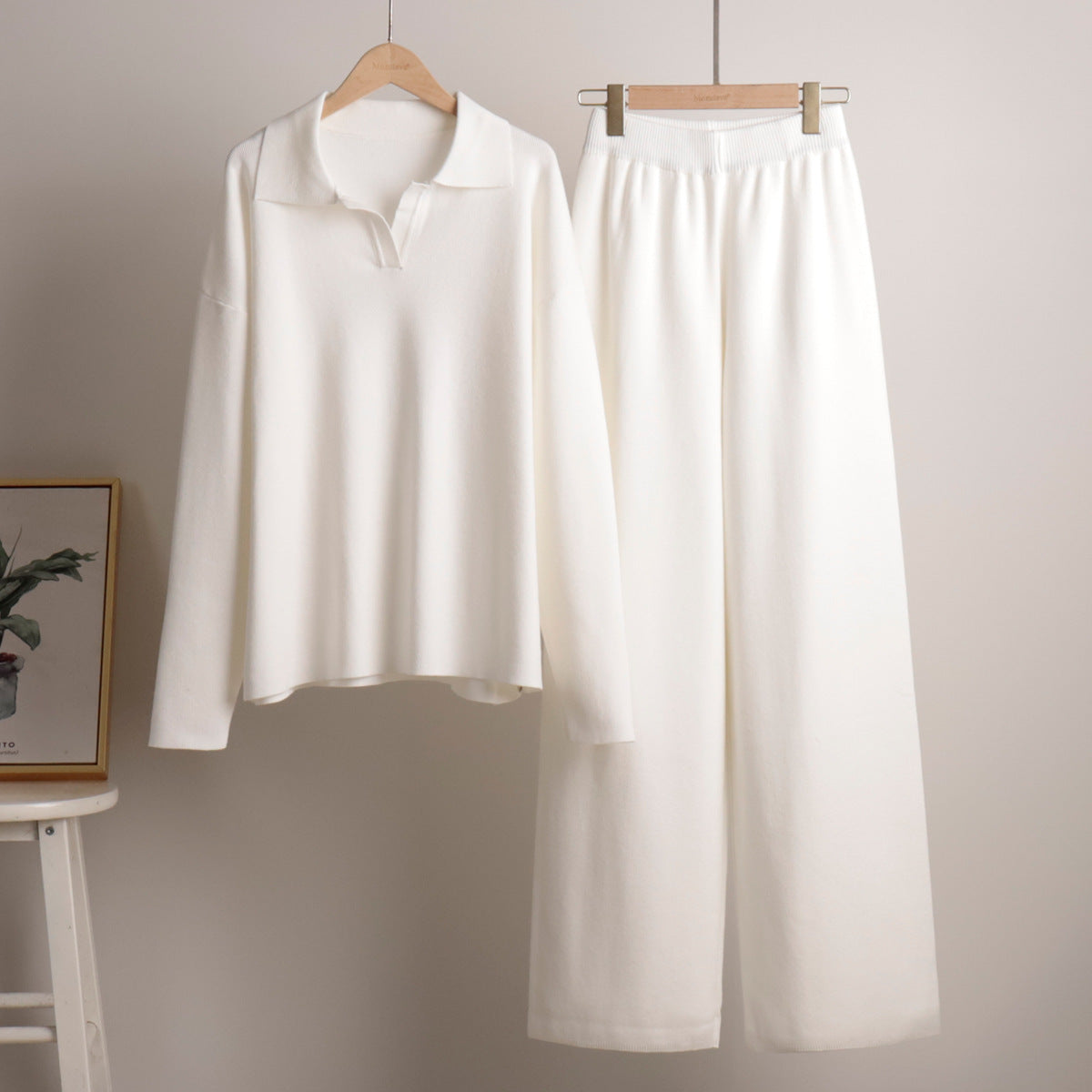 Damen Loungewear Set – Oversize Strickpullover mit Kragen und Weite Hose – Komfortabler Freizeitanzug für Zuhause und Alltag