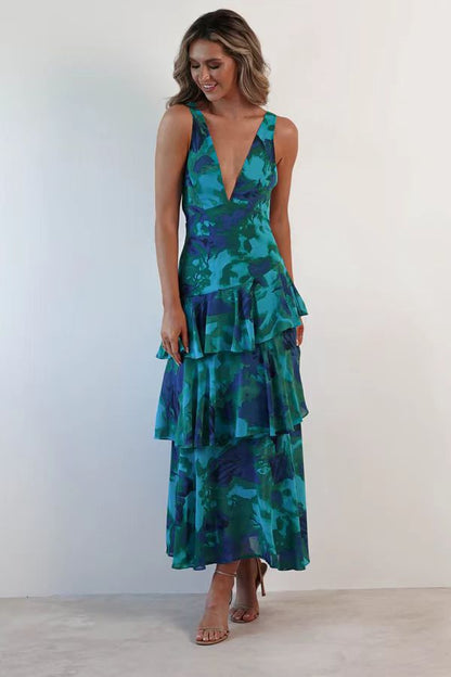 Damen Asymmetrisches Volant-Maxikleid für festliche Anlässe und Partys