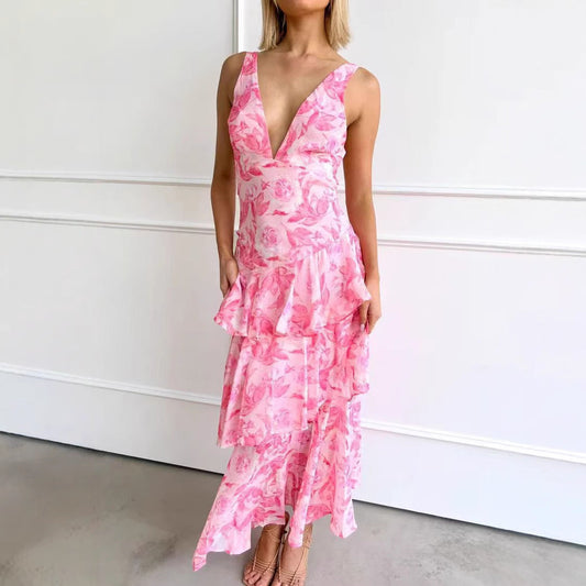 Damen Asymmetrisches Volant-Maxikleid für festliche Anlässe und Partys