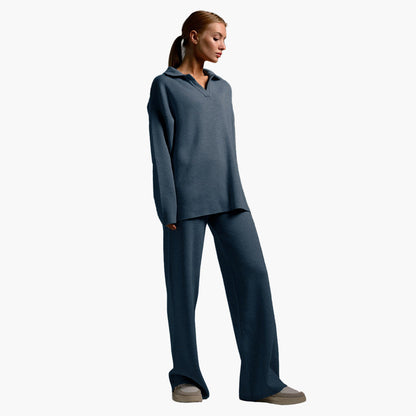 Damen Loungewear Set – Oversize Strickpullover mit Kragen und Weite Hose – Komfortabler Freizeitanzug für Zuhause und Alltag