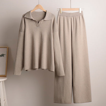 Damen Loungewear Set – Oversize Strickpullover mit Kragen und Weite Hose – Komfortabler Freizeitanzug für Zuhause und Alltag