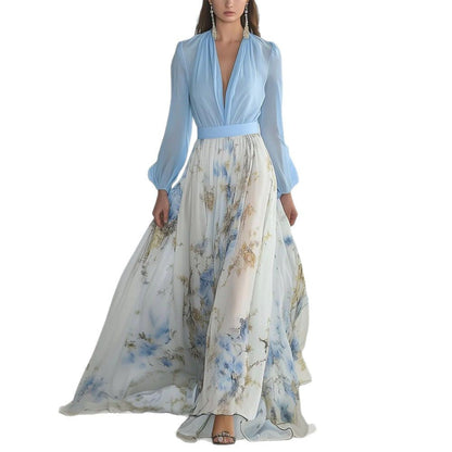 Damen Elegantes Chiffon-Maxikleid mit Blumenmuster – Perfekt für festliche Anlässe und Sommerpartys