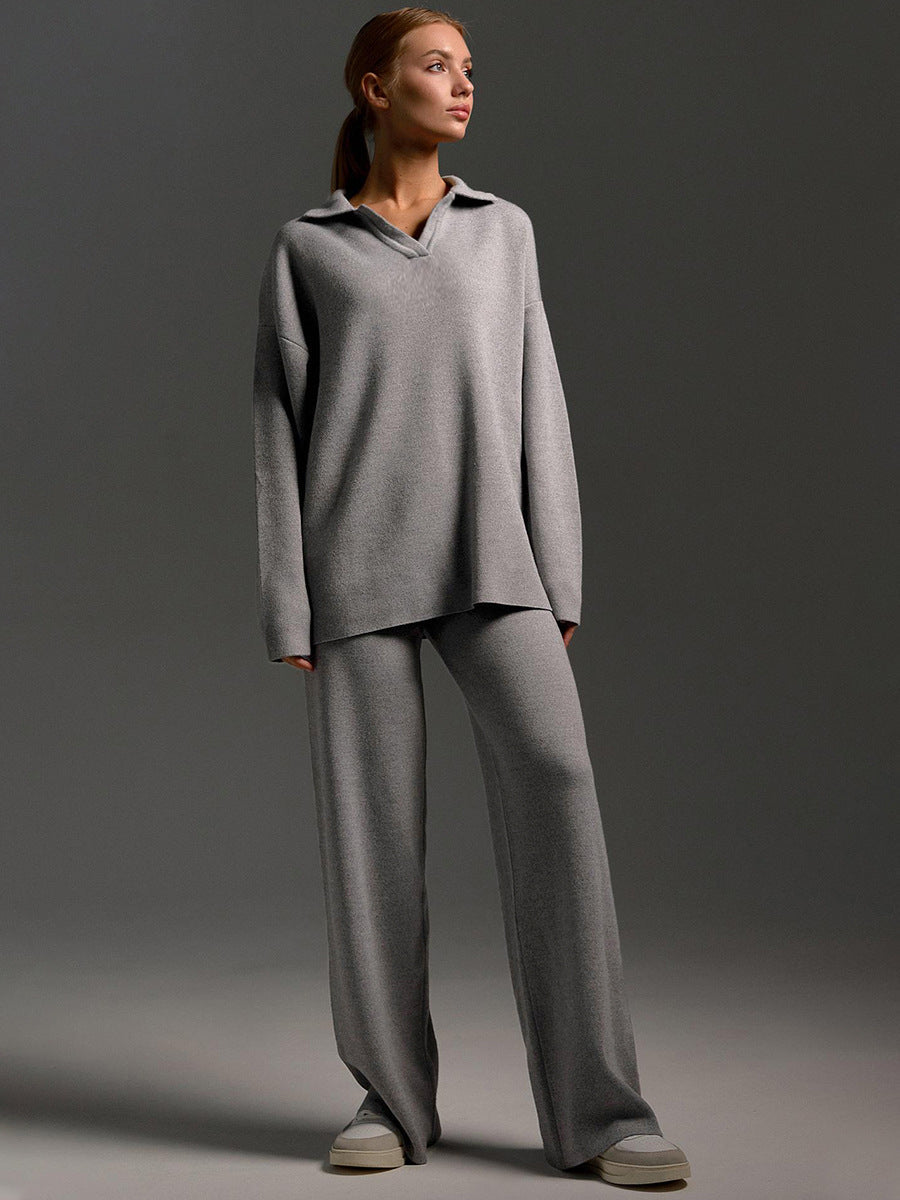 Damen Loungewear Set – Oversize Strickpullover mit Kragen und Weite Hose – Komfortabler Freizeitanzug für Zuhause und Alltag