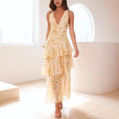 Damen Asymmetrisches Volant-Maxikleid für festliche Anlässe und Partys