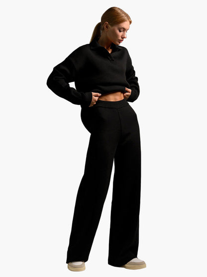Damen Loungewear Set – Oversize Strickpullover mit Kragen und Weite Hose – Komfortabler Freizeitanzug für Zuhause und Alltag