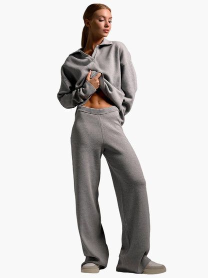 Damen Loungewear Set – Oversize Strickpullover mit Kragen und Weite Hose – Komfortabler Freizeitanzug für Zuhause und Alltag