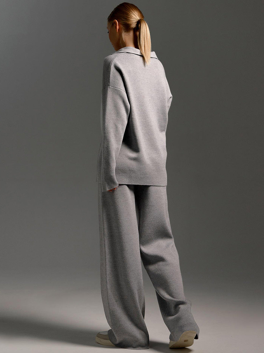 Damen Loungewear Set – Oversize Strickpullover mit Kragen und Weite Hose – Komfortabler Freizeitanzug für Zuhause und Alltag