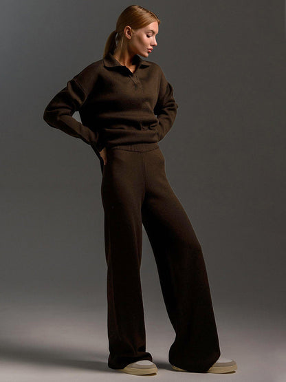 Damen Loungewear Set – Oversize Strickpullover mit Kragen und Weite Hose – Komfortabler Freizeitanzug für Zuhause und Alltag