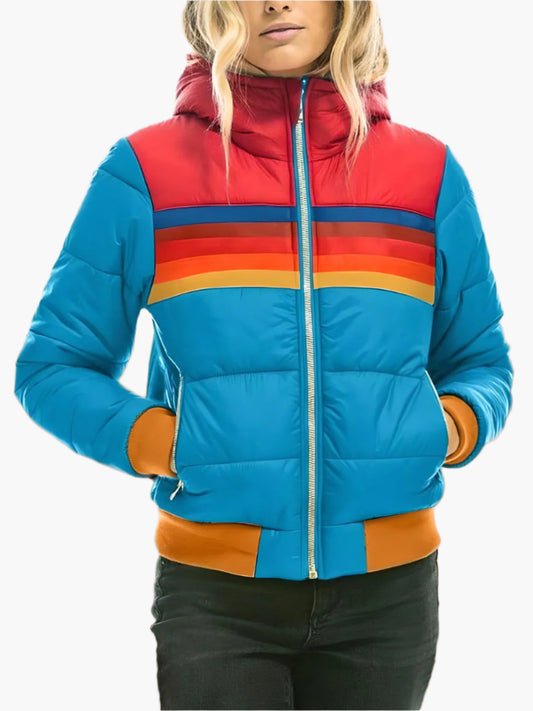 Damen Retro Steppjacke mit Kapuze – Modische Freizeit Winterjacke im Vintage Stil