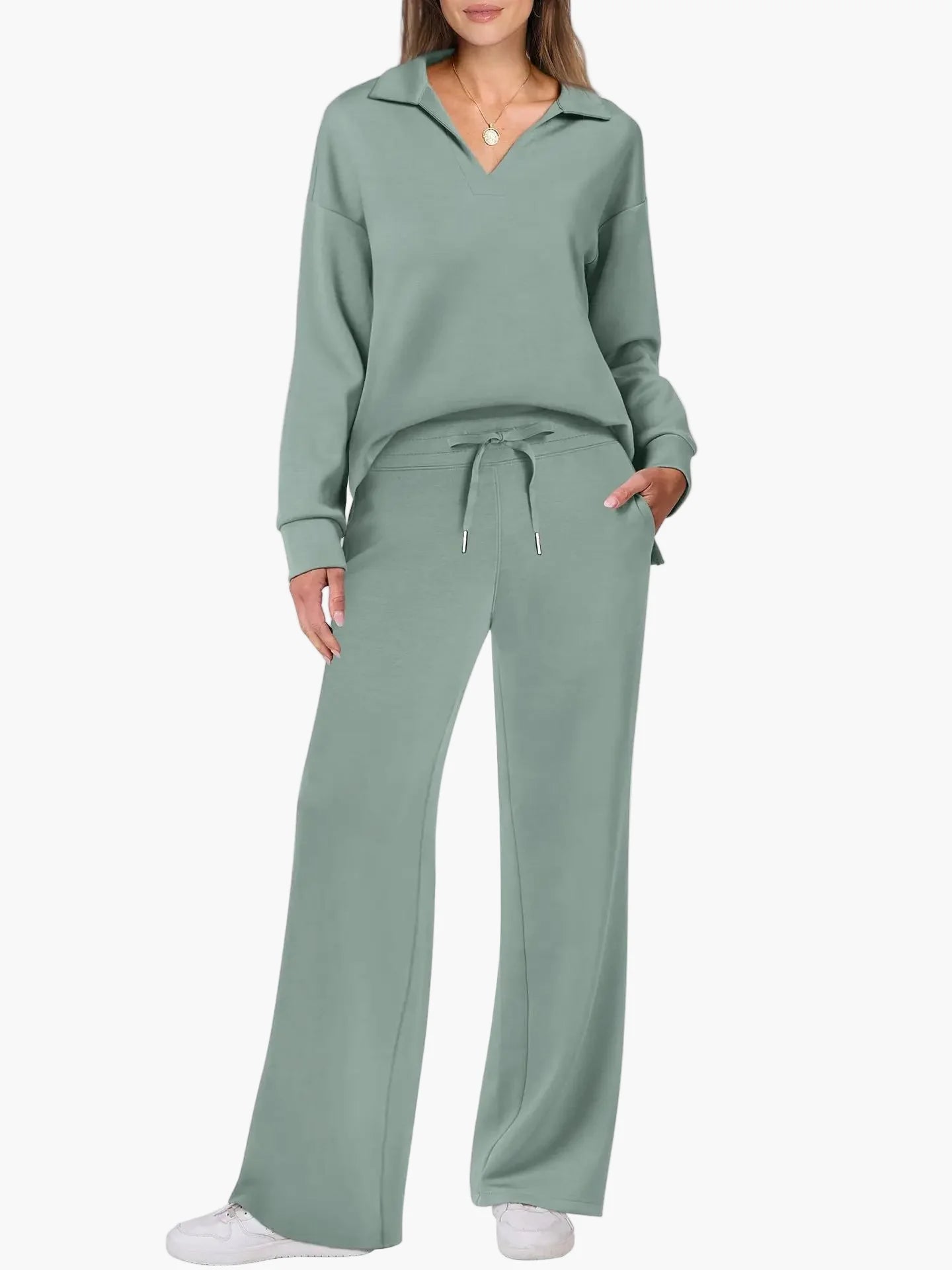 Damen Freizeit-Set mit weitem Bein und V-Ausschnitt – Bequemes Loungewear-Outfit für Alltag & Reisen