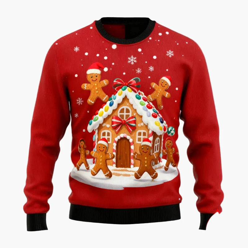 Herren Weihnachtspullover Ugly Christmas Sweater mit Lebkuchenmann, Lebkuchenhaus & Tannenbaum – Lustiger Winterpulli für Weihnachten